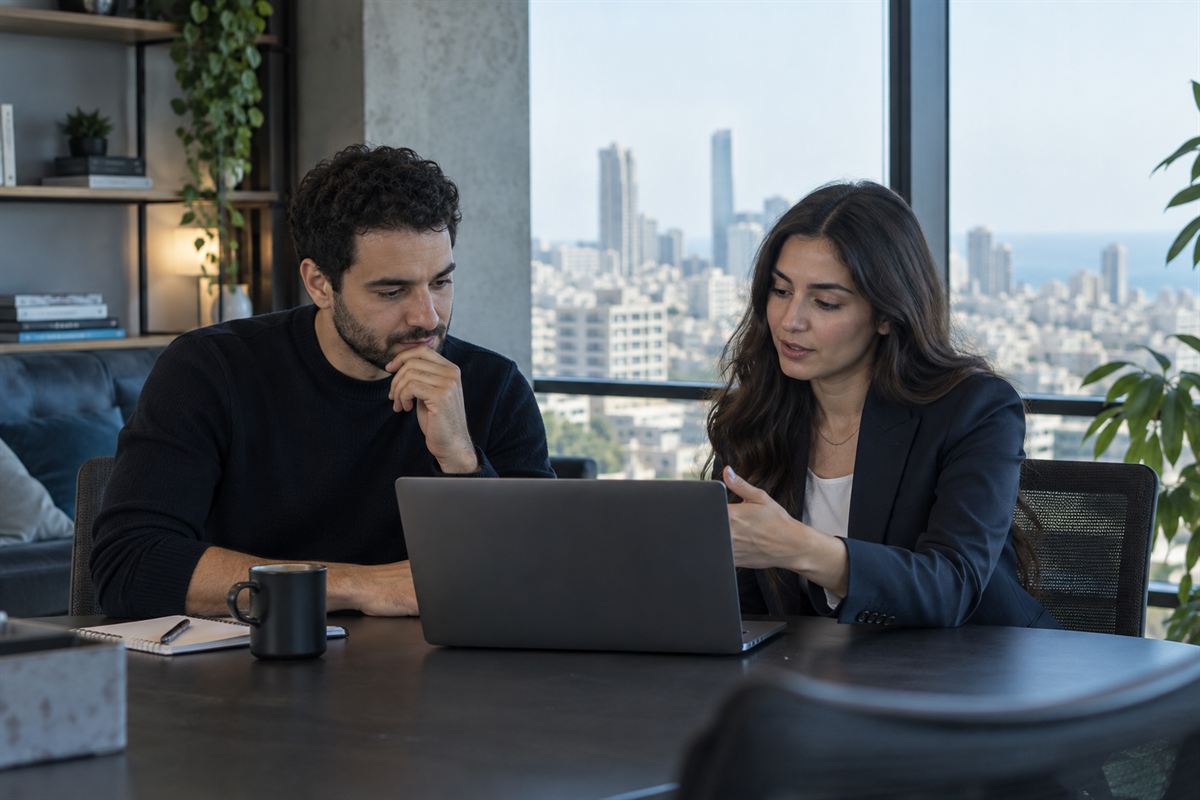A hiring team reviews a candidate together in a modern Beirut office