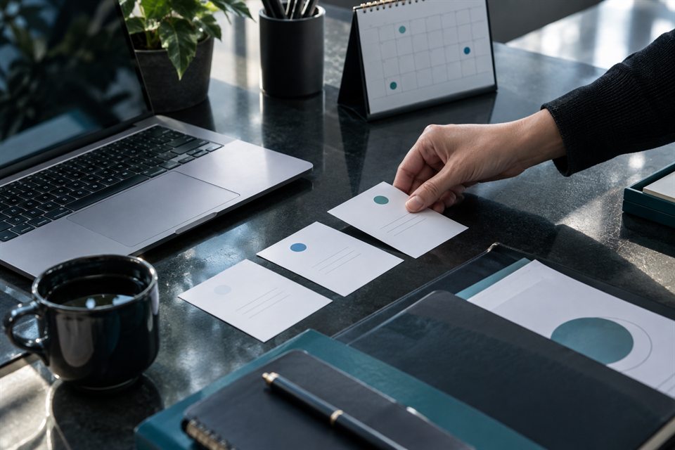 Recruiting timeline being organized beside a laptop and desk calendar