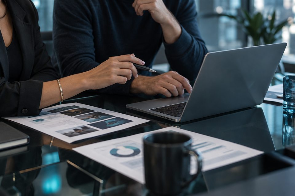 Hiring team reviewing a candidate work sample together at a laptop